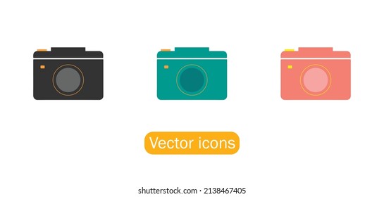 Camera photography concept vector icon. camera logo symbol on white background in three different colors.