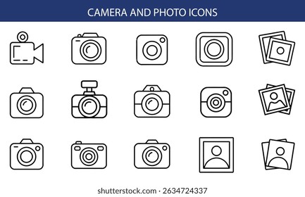 Camera and Photography Icon Set – Vector Line Icons for DSLR, Lens, Tripod, Editing, Media Equipment.