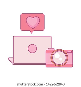 camera photography with laptop and speech bubble