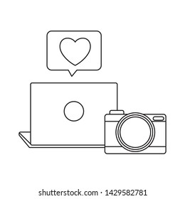 camera photography with laptop and speech bubble