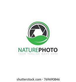 camera photography with leaf nature logo, icon, design template