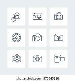 camera, photography line icons, dslr, aperture icons on squares, vector illustration