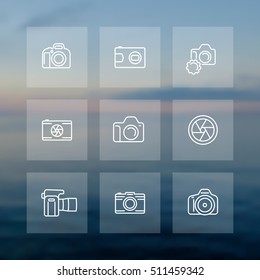 camera, photography line icons set, aperture, compact, dslr, slr camera, front and side view