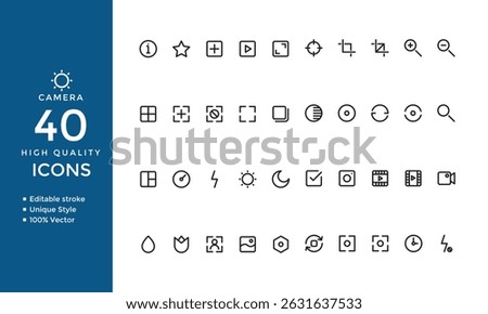 Camera and Photography Line Icons Set – Outline Vector Pictograms in Modern Linear Style for Photo and Media Concepts
