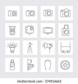 Camera, Photography Linear Icons Set, Types, Lens, Equipment and Accessories