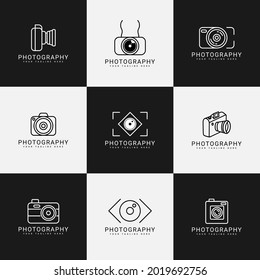 Camera Photography Logo Design Collection, Creative Photo Photographer Craftsman Symbol Vector, Dslr or Mirrorless Lens Icon Minimalist Line Art Watermark Label Sticker