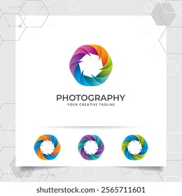 Camera photography logo design with concept of colorful camera lens icon and photo vector for photographer, studio photo, and wedding photography.