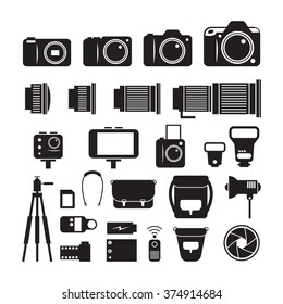 Camera, Photography Mono Icons Set, Types, Lens, Equipment and Accessories