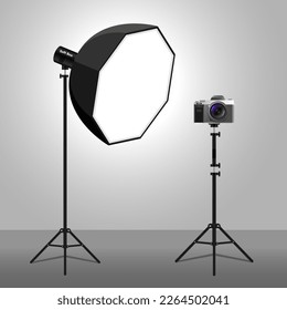 Fotografía de cámara en un vector de ilustración de trípode y caja suave