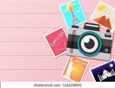 Camera photography and photo picture check in point travel around the world concept Design Invitation Template map on wood Background Design, Card greeting Poster, banner, summer, paper art, vector