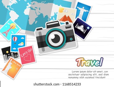 Camera photography and photo picture check in point travel around the world concept Design Invitation Template map on wood Background Design, Card greeting Poster, banner, summer, paper art, vector
