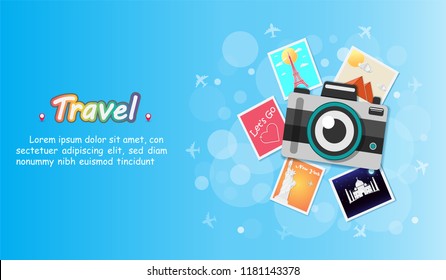 Camera photography and photo picture travel around the world concept Design Invitation Template map on bokeh Background Design, Top world famous landmark. Card, Poster, banner, paper art, vector, 