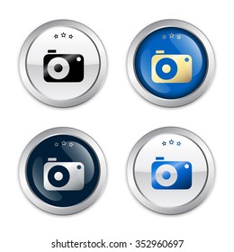 Camera or photography seals or icons with camera symbol. Glossy silver seals or buttons.