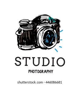 Camera photography studio vector illustration with text. 