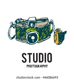 Camera photography studio vector illustration with text. 