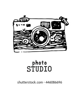 Camera photography studio vector illustration with text. 