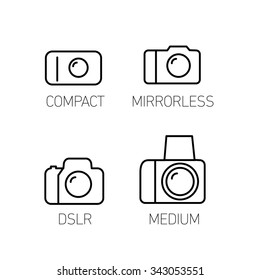 camera and photography systems from compact to mirrorless, dslr and medium format vector linear icon and infographic | illustrations of gear and equipment for photographers  black on white background