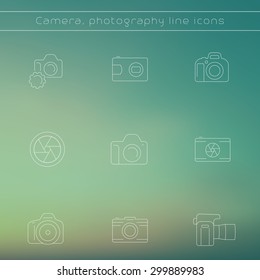 camera, photography, thin line icons on blur background, vector illustration, eps10, easy to edit