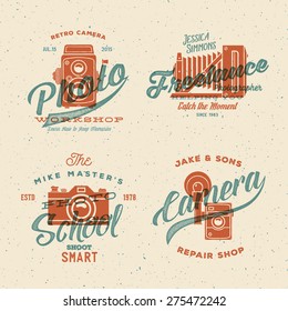 Camera Photography Vector Labels or Logos with Vintage Typography and Retro Print Effect. Textured Background.