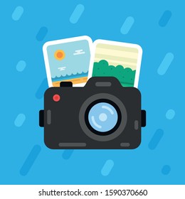 Camera with photos: flat vector illustration