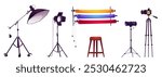 Camera for photoshoot studio and light cartoon. Shoot hobby equipment and wood stool for model. Professional shooting design with reflector, diffuser and roll backstage in yellow, red, blue.
