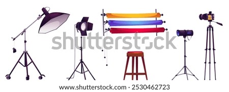 Camera for photoshoot studio and light cartoon. Shoot hobby equipment and wood stool for model. Professional shooting design with reflector, diffuser and roll backstage in yellow, red, blue.