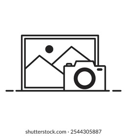 Ícone do quadro da câmera e da imagem, ícone linear preto e branco plano de fundo branco isolado