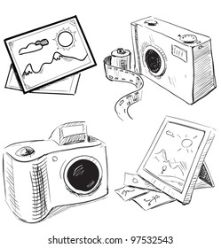 Camera and picture icons. Sketch vector objects  isolated on white background