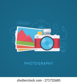 Camera and pictures. Photo shooting background. Modern flat design template. 