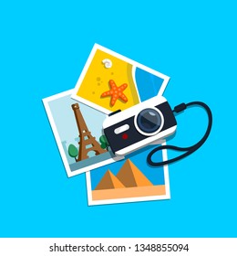 Camera and pile photos. Photos from travels. Vector illustration in flat style.