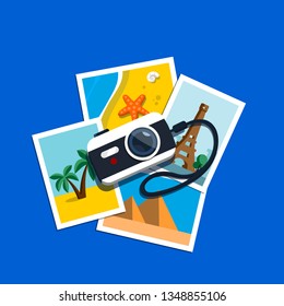 Camera and pile photos. Photos from travels. Vector illustration in flat style.