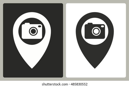 Camera pin - black and white icons. Vector illustration.