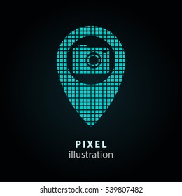 Camera pin - pixel icon. Vector Illustration. Design logo element. Isolated on black background. It is easy to change to any color.