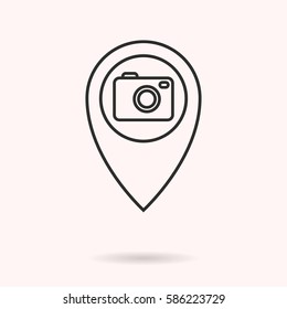 Camera pin vector icon. Black illustration isolated for graphic and web design.