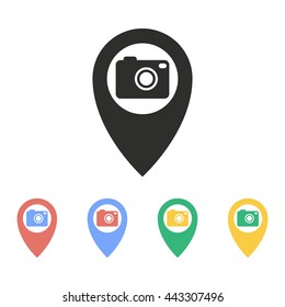 Camera pin vector icon. Illustration isolated on white background for graphic and web design.