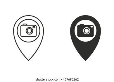 Camera pin vector icon. Illustration isolated on white background for graphic and web design.