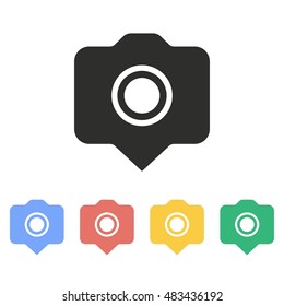 Camera pin vector icon. Illustration isolated on white background for graphic and web design.