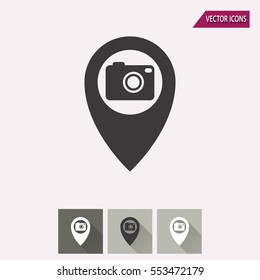 Camera pin vector icon. Illustration isolated for graphic and web design.