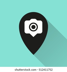 Camera pin vector icon with long shadow. Illustration isolated for graphic and web design.
