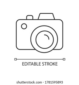 Camera pixel perfect linear icon. Freelance photographer. Take picture. Photography device. Thin line customizable illustration. Contour symbol. Vector isolated outline drawing. Editable stroke