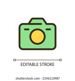 Camera pixel perfect RGB color ui icon. Digital, analogue. Photographic device. Simple filled line element. GUI, UX design for mobile app. Vector isolated pictogram. Editable stroke. Arial font used