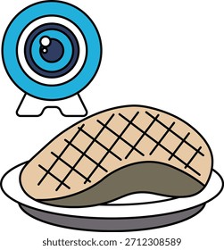 A camera is placed above a piece of meat. The camera is a symbol of surveillance and the meat is a symbol of food. Concept of being watched while eating
