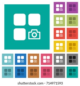 Camera plugin multi colored flat icons on plain square backgrounds. Included white and darker icon variations for hover or active effects.