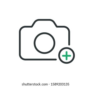 Camera with plus line icon. Add photo. Vector icon.