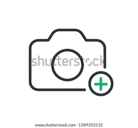 Camera with plus line icon. Add photo. Vector icon.