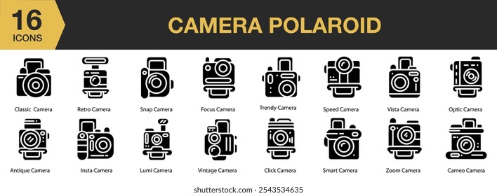 Conjunto de iconos de cámara Polaroid. Incluye antigüedad, camafeo, clásico, Hacer clic, enfoque y más. Colección de Vector de iconos sólidos.