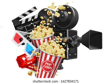 Camera, popcorn, glasses and tickets on a white background. 3D vector. High detailed realistic illustration