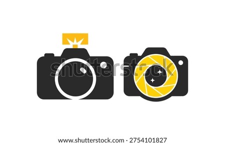 Camera with popped flash and camera with aperture and sparkling stars isolated
