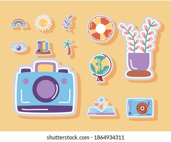 camera pothographic and set stickers flat style icons vector illustration design