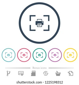 Camera print image flat color icons in round outlines. 6 bonus icons included.